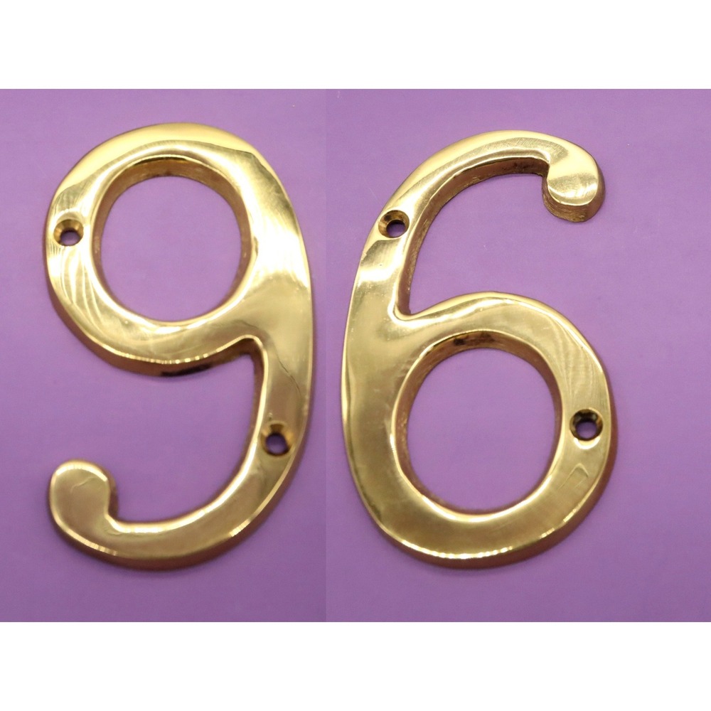 Number 9 or 6 Polished Brass 4" House Number w/Hardware Wall Mount Post Address